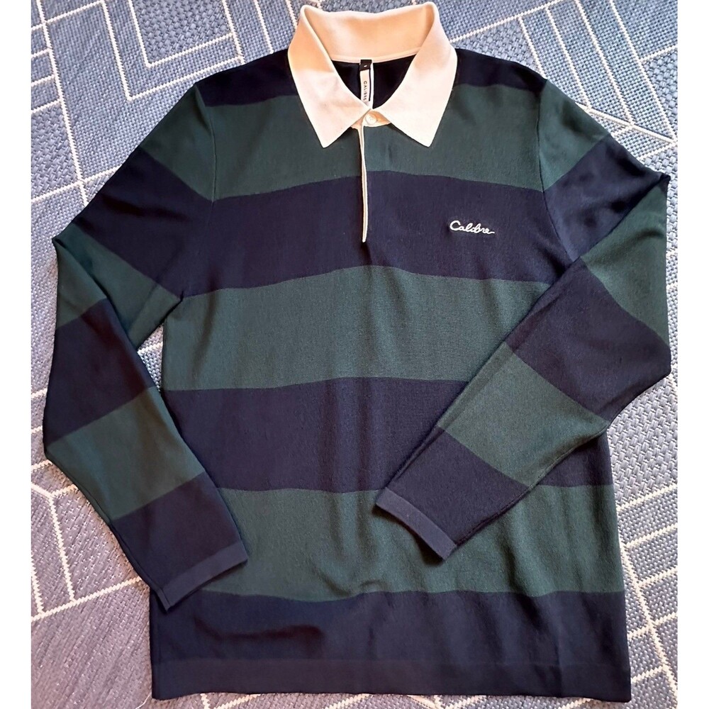 Calibre Striped Long Sleeve Rugby Shirt Preppy Collegiate Forest Green Knit M